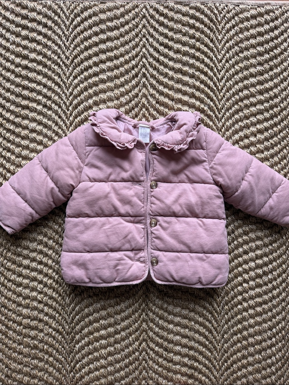 Dusty Pink Quilted Toddler Puffer Jacket with Ruffle Collar, 12 months